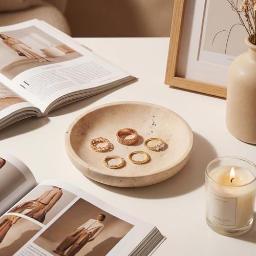 Natural Travertine Marble Jewelry Dish 5.5", Trinket Dish for Ring Earring Key, Ring Tray Gift for Woman Daughter (Beige Travertine)