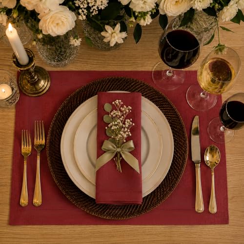 Signature Linen™ by D'Moksha, Red Placemats Set of 4, 14 x 19 Inch, 100% Pure Linen Table Mats, Hemstitch, Machine Washable Cloth Placemats- Fall, Weddings, Outdoor Hosting - color: Red, size: Set of 4 (14 X 19 Inch)