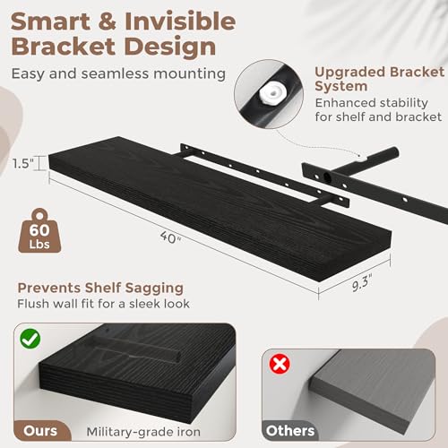 40 Inch Floating Shelves, 9"Deep Wall Shelf, 60 Lbs Capacity, Black, 2pcs - color: Black, size: 40"Wx9"Dx1.5"H