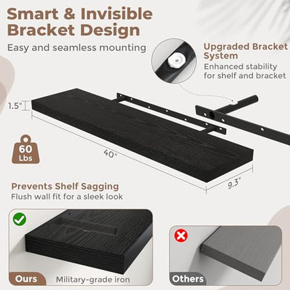 40 Inch Floating Shelves, 9"Deep Wall Shelf, 60 Lbs Capacity, Black, 2pcs - color: Black, size: 40"Wx9"Dx1.5"H