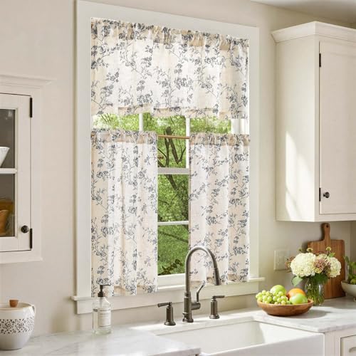 jinchan Black Linen Floral Kitchen Tier Curtains and Valance Set 3 Pieces - color: Alisa | Black on Linen, size: 26"W x 36"L (Pack of 3)