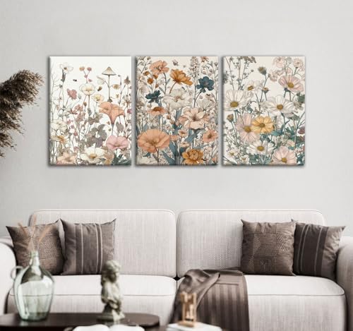 CHTEXA Boho Wildflower Canvas Wall Art, 3 Piece Gallery Wrapped Set, 12x16 - color: plants and flowers-2, size: 12x16 inch