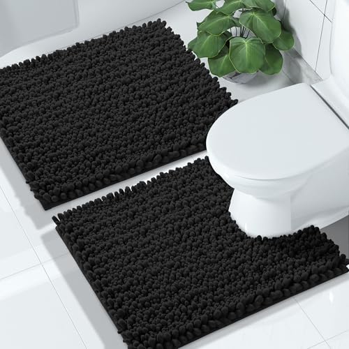 Yimobra Bathroom Rugs Sets 2 Piece, Super Absorbent Bath Mat Set, Black - color: Black, size: 24''x17''+24''x20''U-Shaped