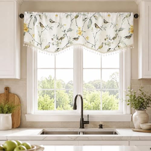 VOGOL Scalloped Valance Curtains for Kitchen Windows, Birds Print Swag Valance with Shining Beads, Lightweight Rod Pocket Window Topper for Living Room, 52 x 16, 1 Panel, Grey - color: Birds Grey, size: 52"W x 16"L (Pack of 1)