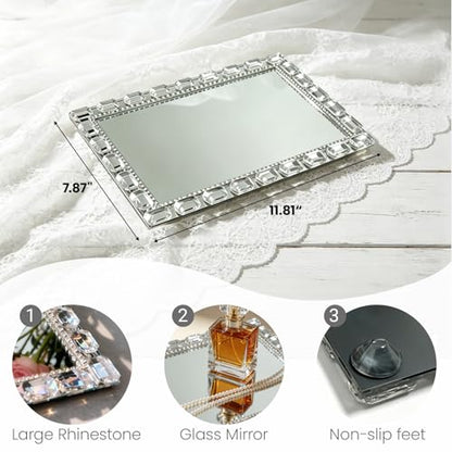 Crystal Mirror Perfume Tray, 11.8" x 7.9" Rectangle Glass Trays - color: Silver C