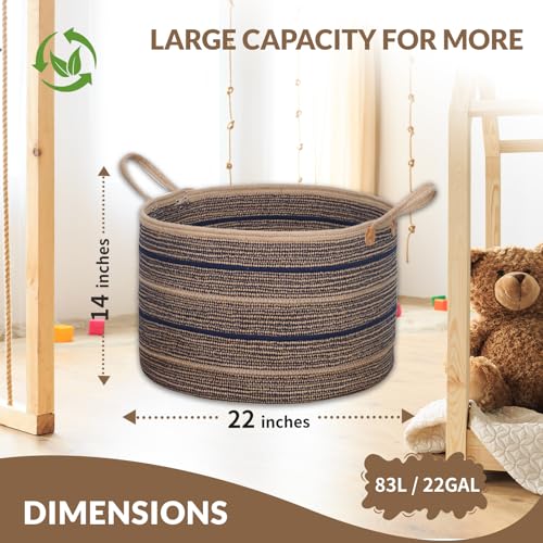 ZOES HOMEWARE Sapphire Blue Large Blanket Basket, 22"x22"x14" | Jute Blanket Basket Living Room, Laundry, Nursery | Toy Basket for Blankets, Toys, Hand Woven Crafted (Brown&Blue)