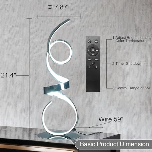 20W Modern Table Lamp,2700LM 3 Colors Remote Stepless Dimmable Bedside Lamp, Chrome LED Art Desk Lamp 21.4 Inch with Touch Switch for Living Room,Bedroom - color: Chrome(Remote)