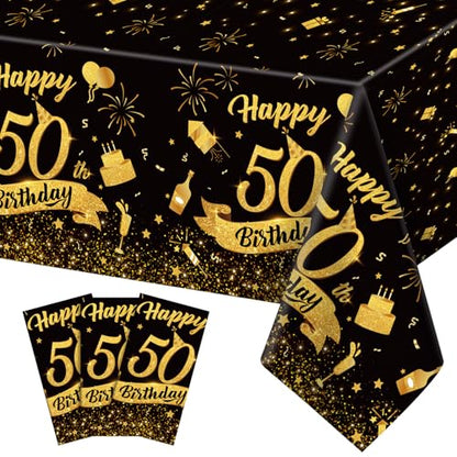3 Pack 50th Birthday Plastic Tablecloth, Black Gold Disposable Table Cover - color: 50th Birthday
