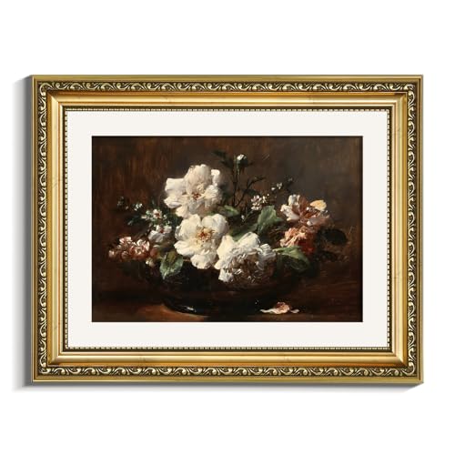 VIYYIEA Gold Framed Floral Wall Art, Living Room Bedroom White Rose Pictures, Cottage Farmhouse Retro Decor, Canvas Prints, Antique Picture Frame Vintage Paintings,11x14 Inch - color: White Retro Rose, size: 14"L x 11"W