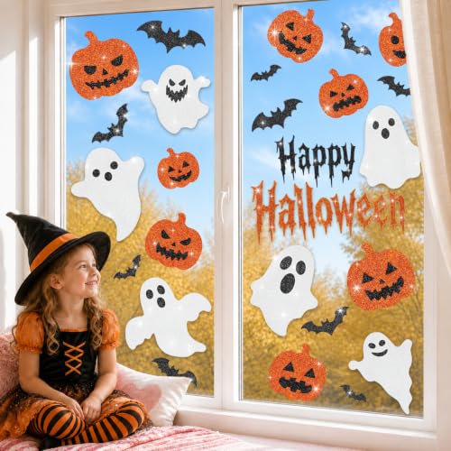 Glitter Halloween Window Clings Decor, Cute Ghost Pumpkin Stickers Decals - color: Halloween Glitter