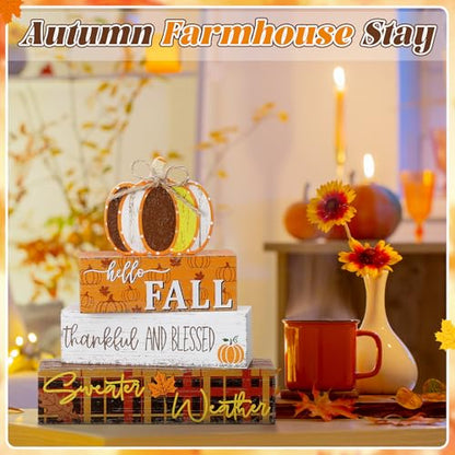 Geelin 4 Pcs Fall Pumpkin Wood Table Centerpiece Decor - style: Pumpkin