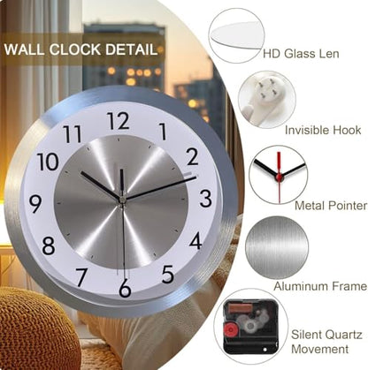 Modern Silent Non Ticking Wall Clock Battery Operated for Kitchen,12in | Silver Metal Wall Clock for Living Room Decor,Home Office Bedroom