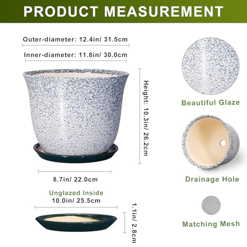 12 Inch Pot for Plants, Ceramic Planter Indoor, Green - color: Crack Blackish Green, size: 12 Inch