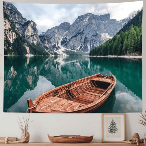 AMM Nature Mountain Lake Boat Tapestry 48x36 Inch | Forest Pine Tree Small Tapestry Wall Hanging, Outdoor Landscape Wall Art, Ideal for Bedroom Dorm Living Room Decor - color: Green Teal, size: 48"L x 36"W