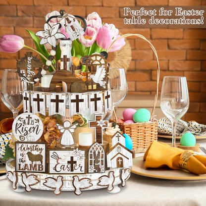Amyhill 31 Pcs Religious Easter Tiered Tray Decor Christian Easter Decorations He is Risen Christian Wooden Signs Farmhouse Cross Lily Dove Table Decor for Home Kitchen Shelf Coffee Bar - style: Brown Easter