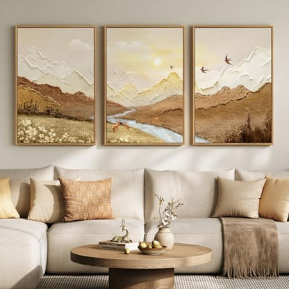 Framed Brown Abstract Mountain Wall Art for Living Room, 3 Piece, 24x36 In - color: Brown Neutral, size: 24" W x 36" H x 3Pcs