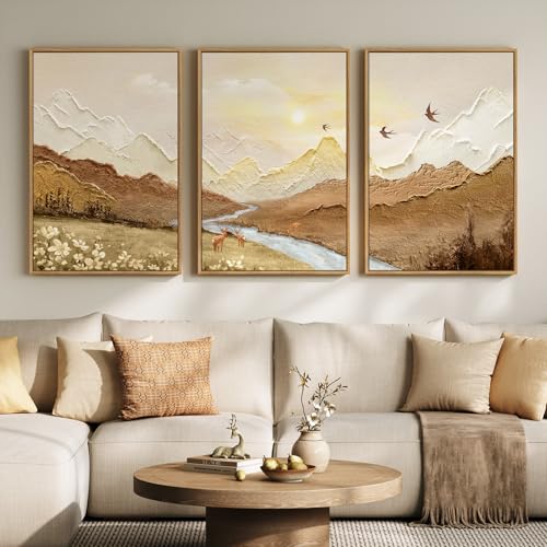 Framed Brown Abstract Mountain Wall Art for Living Room, 3 Piece, 24x36 In - color: Brown Neutral, size: 24" W x 36" H x 3Pcs
