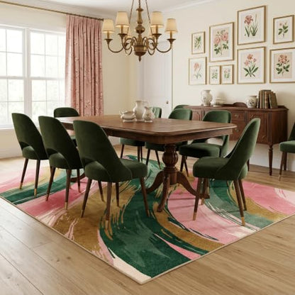 5x7 Pink and Green Area Rug, Modern Abstract Brushstroke Design - color: Pink/Green/Gold, size: 5' x 7' (Rectangular)