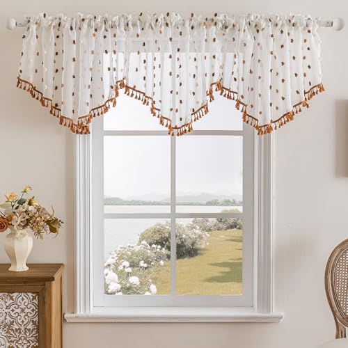 3 Pieces Boho Sheer Valances for Windows, Cute Pom Pom Rod Pocket Light Filtering Short Valance Curtains with Tassels for Nursery Kids Bedroom Bathroom Cafe (Brown,55"x24") - color: Brown
