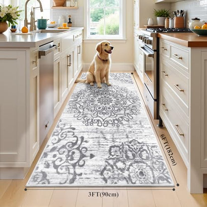HEBE Hallway Runner Rug 3'x6', Washable Non Slip Kitchen Rug Runner - color: Grey, size: 3' x 6' (Rectangular)