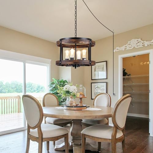 4-Light Large Rustic Farmhouse Plug in Pendant Light Fixture with Adjustable Chain, Dimmable Switch, 16.5 inch Oak Wood Drum Hanging Lamp for Dining Room Living Room Farmhouse Entry, Black - size: Large hanging lamp 1 pack
