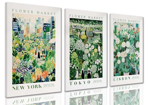 XLARTMY Flower Market Wall Art Prints Canvas Green Yellow White Floral Paintings Colorful Botanical Travel Flower Posters for Home Decor Pictures Set of 3 for Living Room Bedroom 12x16in - color: Flower Market GReen, size: 12x16in Canvas