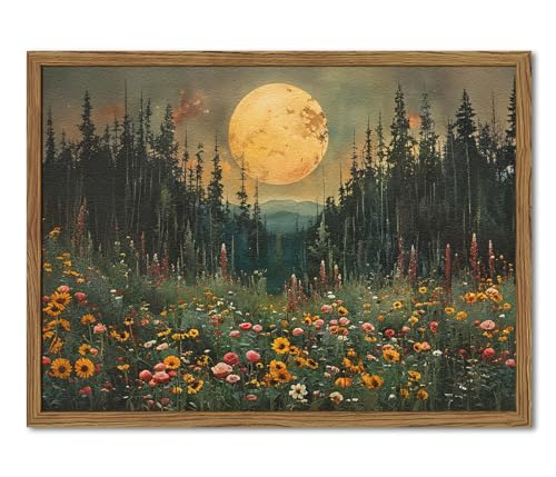 Vintage Forest Moon Wall Art, Nature Pine Tree Woodland Wall Decor Paintings, Dark Cottagecore Landscape 3D Textured Hand Drawn Sandstone Artwork for Bedroom Living Room 12x16 inch Wood Framed - color: Moon Forest, size: 16"L x 12"W
