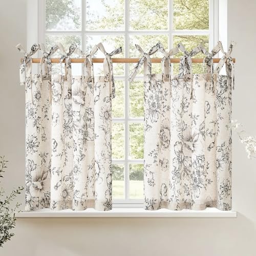 jinchan Black Floral Kitchen Tier Curtains Alice 24 Inches Tie Top 2 Panles - color: Alice Black on Linen, size: 26"W x 24"L (Pack of 2)