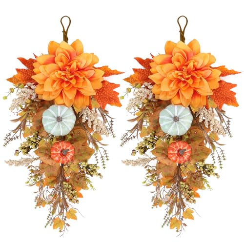22" Fall Wreaths for Front Door 2 PCS Fall Teardrop Swag with Maple Leaves Pumpkins Berries Ribbon for Indoor Outdoor Farmhouse Home Wall Window Festival Wedding Decor - size: Medium Fall