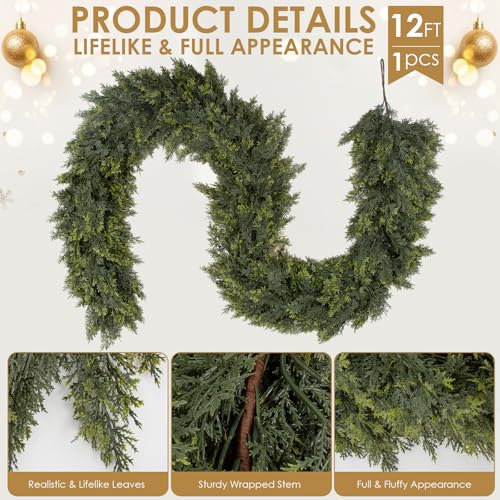 Daynight 12FT Christmas Garland, 1 Pcs Realistic Cedar Garlands - size: 12FT