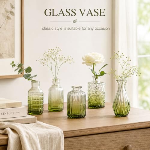 Petal Petite Small Green Glass Bud Vase Set of 18 for Wedding Centerpieces - color: Green