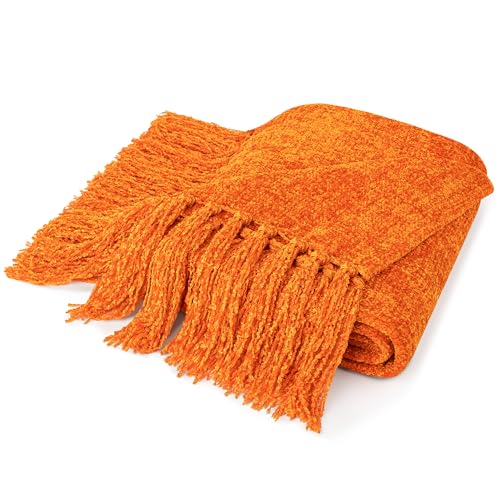 PAVILIA Chenille Throw Blanket, Knit Twin Size Tassel Throw, Orange 60x80 - color: Orange, size: 60 X 80 Inches - Twin