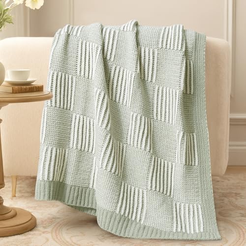 Amélie Home Checkered Knit Throw Blanket for Couch, Sage Green 50"x60" - color: Checkered Sage Green, size: 50" X 60"