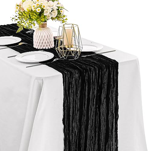 Black 10FT Cheesecloth Table Runner Boho Gauze Fabric Table Runner Rustic Sheer Runner for Wedding Bridal Baby Shower Birthday Party Boho Table Decor（1 Pack Black） - color: Black, size: 35" x 120"-1 Pack