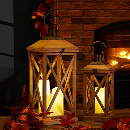 Glitzhome Set of 2 Mondern Farmhouse Wood Metal Decorative Lanterns Hanging Candle Lanterns,Natural (No Glass) - color: Brown