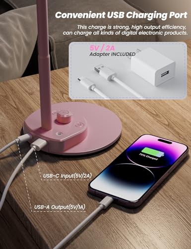 BOHON Cute Desk Lamp with USB Charging Port, 3 Color Modes Dimmable, Pink - color: Pink