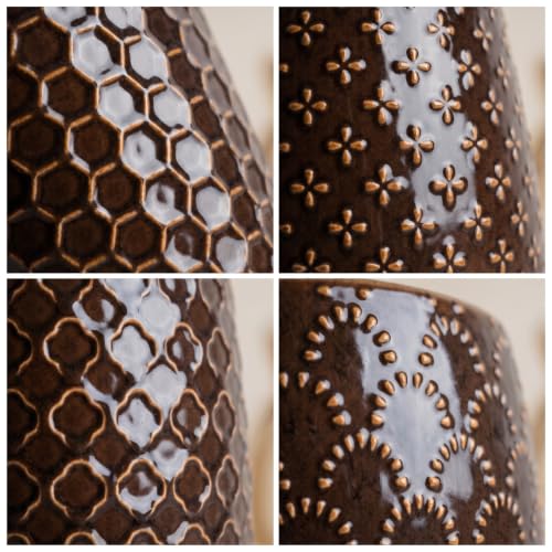 EFISPSS Ceramic Plant Pots, 5 Inch Planters with Drainage Holes and Ceramic Tray, Relief Design Flower Planter, Desktop Office Windowsill Decoration Gift Set of 4 - Black - color: Black