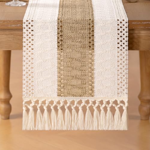 Boho Macrame Table Runner Jute Burlap Small Dresser Runner - color: Ivory and Brown, size: 12" × 36"