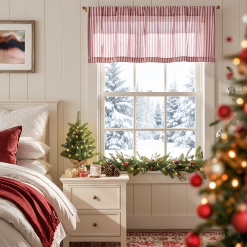 jinchan Linen Boxter Stripe Valances for Window 16 inch, Xmas Red, 1 Panel - color: Boxter Stripe | Xmas Red on Linen, size: 50"W x 16"L (Pack of 1)