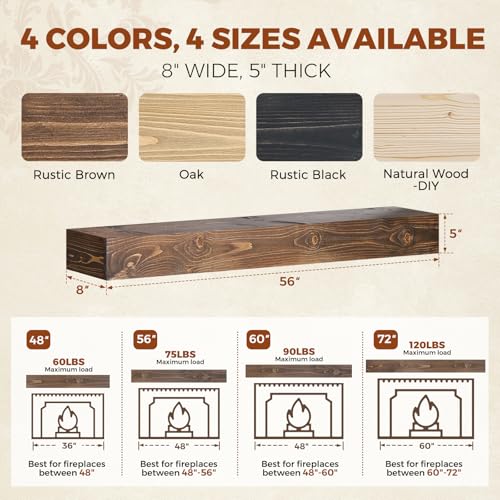 56x8x5in Pine Wood Fireplace Mantel Shelf, Weathered Brown - color: Weathered Brown, size: 56x5x8-hollow