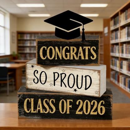2026 Graduation Table Decorations Class of 2026 Senior Tiered Tray Decor Wooden Cap Block Signs Farmhouse Congrats Grad Tabletop Party Centerpiece for Tables Wooden Sign for Home Decor - style: Cap