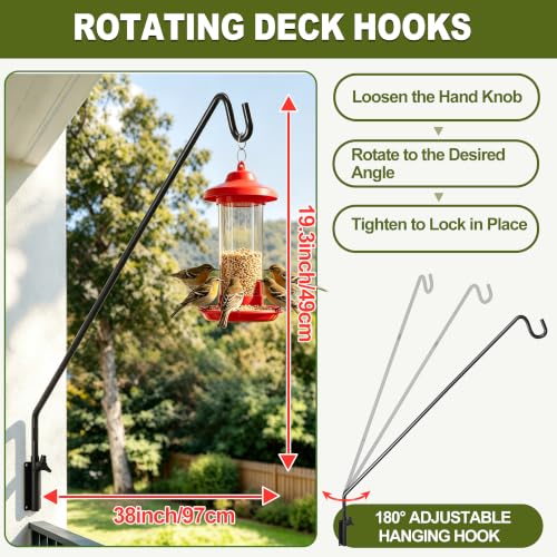 MIXXIDEA 2 Packs Heavy Duty Extended Reach Wall Mounted Deck Hook Wall Pole, Wall Bracket Direction and Length Adjustable Plant Bracket for Bird Feeders, Planters, Suet Baskets, Lanterns, Wind Chimes - size: 43in Long Wall Mounted Hook-2 Packs
