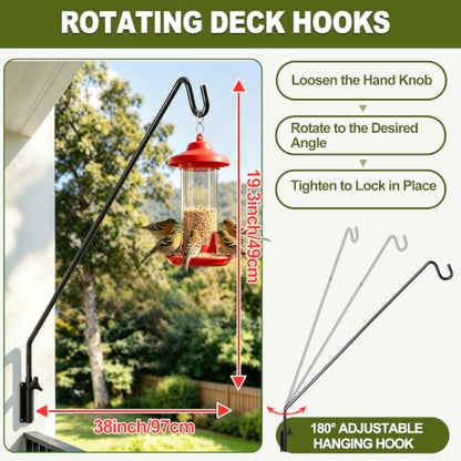 MIXXIDEA 2 Packs Heavy Duty Extended Reach Wall Mounted Deck Hook Wall Pole, Wall Bracket Direction and Length Adjustable Plant Bracket for Bird Feeders, Planters, Suet Baskets, Lanterns, Wind Chimes - size: 43in Long Wall Mounted Hook-2 Packs