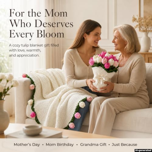 Tulip Crochet Flower Bouquet Blanket, Handmade Knitted Throw Blanket - color: Pink Tulip, size: Large