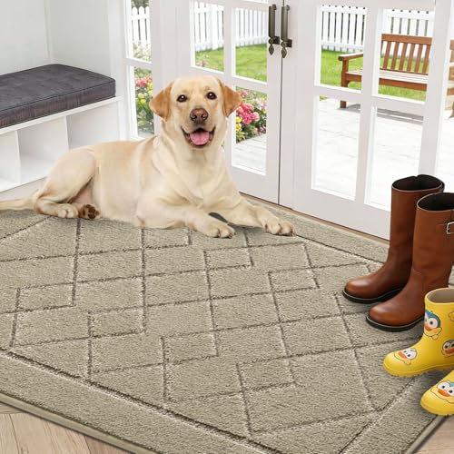 REFETONE Dirt Trapper Door Mat 36" x 60", Non-Slip Washable Doormats Beige | Washable Entryway Rugs,Dirt Resist and Absorbent Welcome Mat,Low Profile Floor Mat for Front Back Door - color: Beige, size: 3' x 5' (Rectangular)