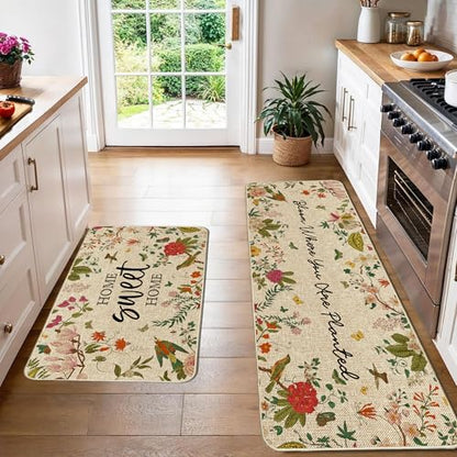 Spring Summer Kitchen Mats Vintage Florals Bird Low Profile Rugs