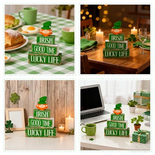 St. Patrick’s Day Decorations - St Patrick Day Irish Good Time Tiered Tray Decor Set - Wooden Leprechaun Tabletop Decoration - Rustic Farmhouse Holiday Home Decor for Indoor Shelf Mantel Coffee Table Gift - style: Irish