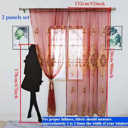 Amidoudou Rod Pocket Curtains European Luxury Sheer Embroidered Curtains for Living Room Bedroom (Red,52" W x 90" L (Pack of 2)) - color: Red, size: 52"W x 90"L (Pack of 2)