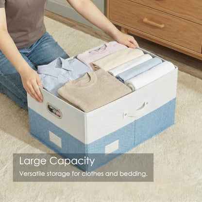 PRANDOM Storage Bins with Lids [3-Pack] Linen Fabric Foldable Storage Boxes Organizer Containers Baskets Cube with Cover for Bedroom Closet Office White&Blue (23.4X15.9X11.4)