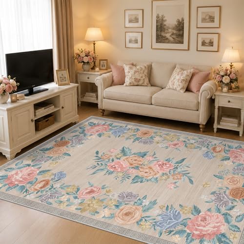 Beige Floral Washable 6x9 Area Rugs for Living Room, Non Slip Low Pile Rose Carpet for Bedroom,Vintage Flower Border Indoor Carpet, Pastel Cottage Rug for Nursery Dining Room Office, Stain Resistant - color: Warm Beige, size: 6' x 9' (Rectangular)